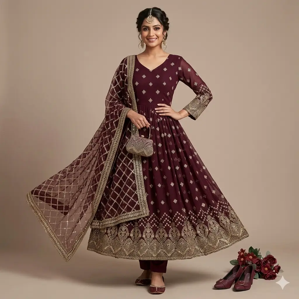 Luxury Maroon Embroidered Gown Set – Festive & Wedding Special 3