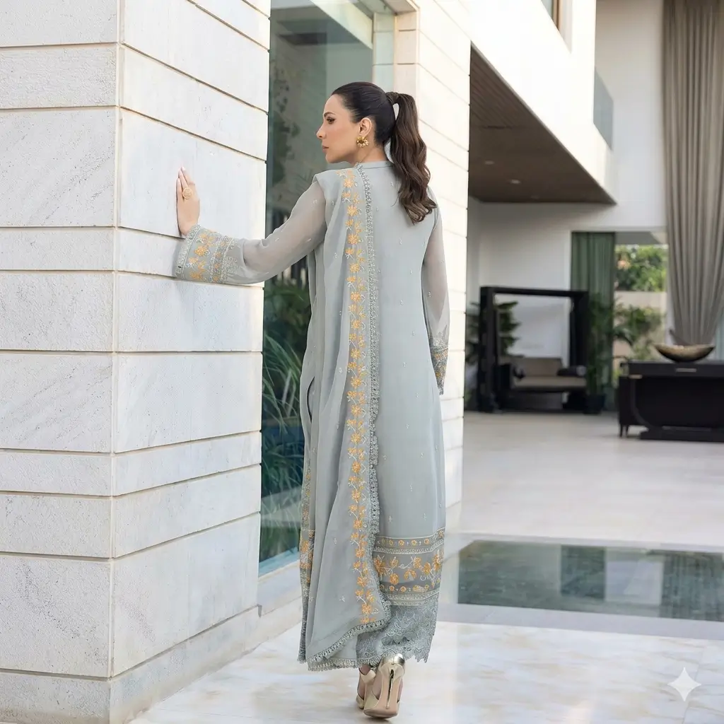 Pakistani Merakish Unstitched Lawn Three Piece - Gray 3