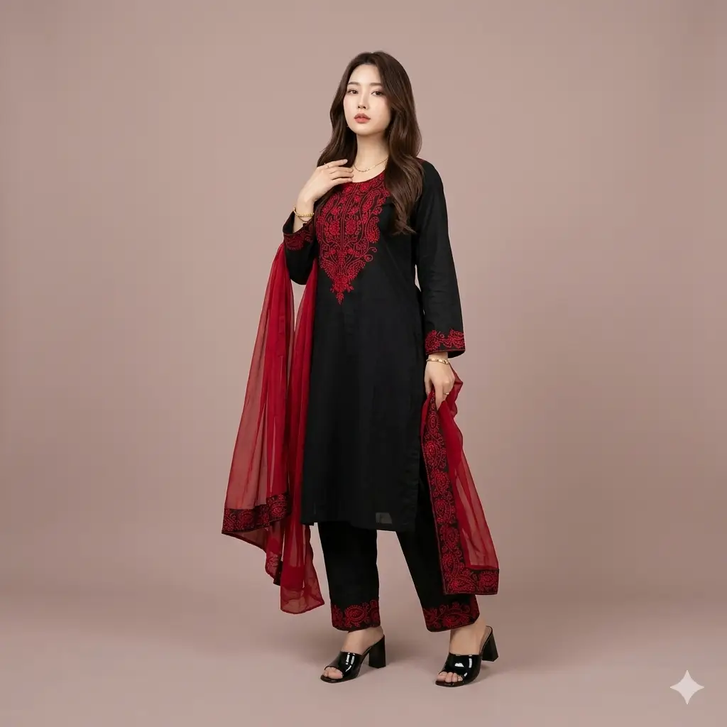 Elegant Black & Red Embroidered 3-Piece Salwar Kameez Set 1