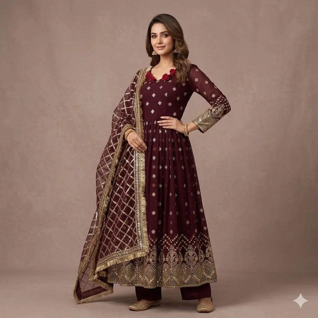 Luxury Maroon Embroidered Gown Set – Festive & Wedding Special 2