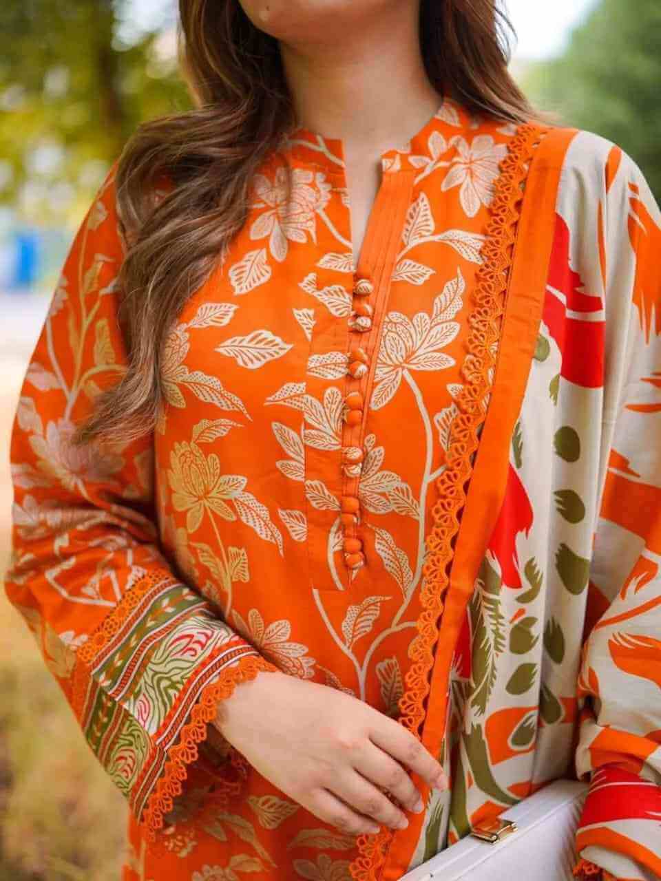 Premium Orange Floral Printed 3-Piece Unstitched/Ready-to-Wear Lawn Suit – Elegant Summer Collection 2