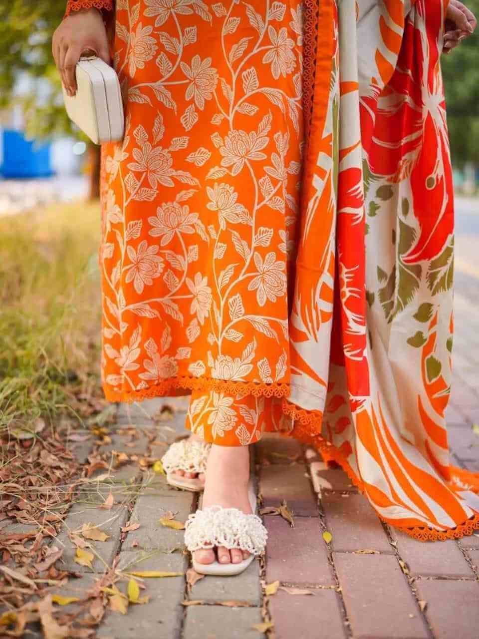 Premium Orange Floral Printed 3-Piece Unstitched/Ready-to-Wear Lawn Suit – Elegant Summer Collection 3