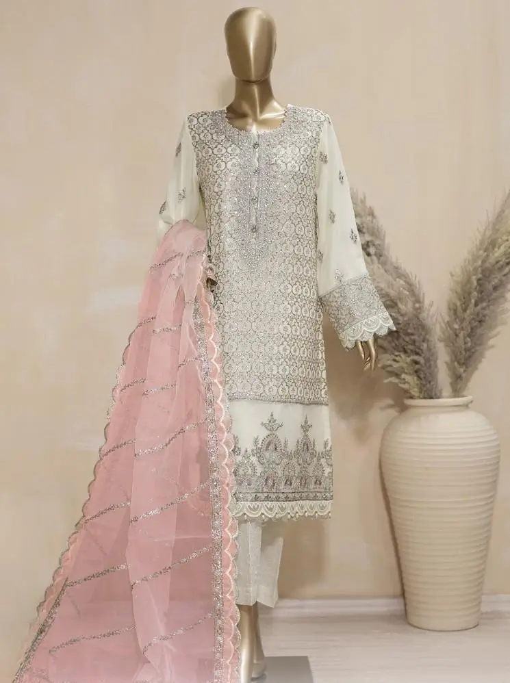Pakistani Lavish Heavy Embroidered Unstitched Chiffon Three Piece - Quill 1