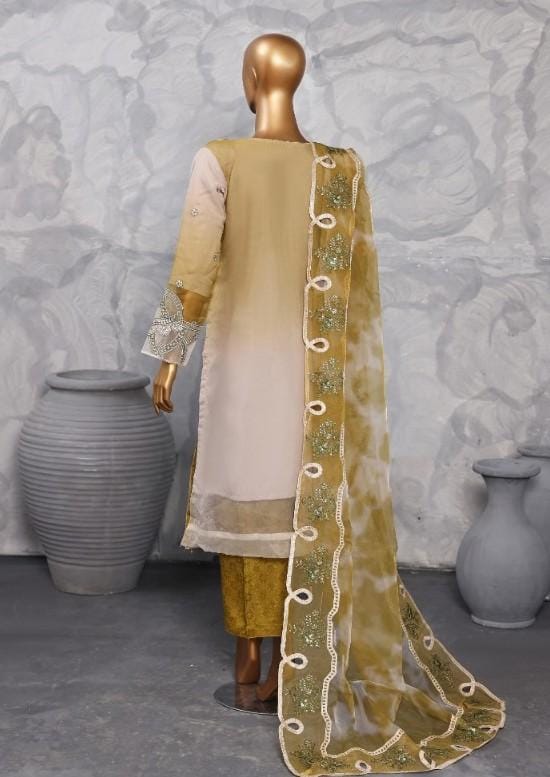 Pakistani Lavish Heavy Embroidered Unstitched Organza Three Piece - Limed Oak 2