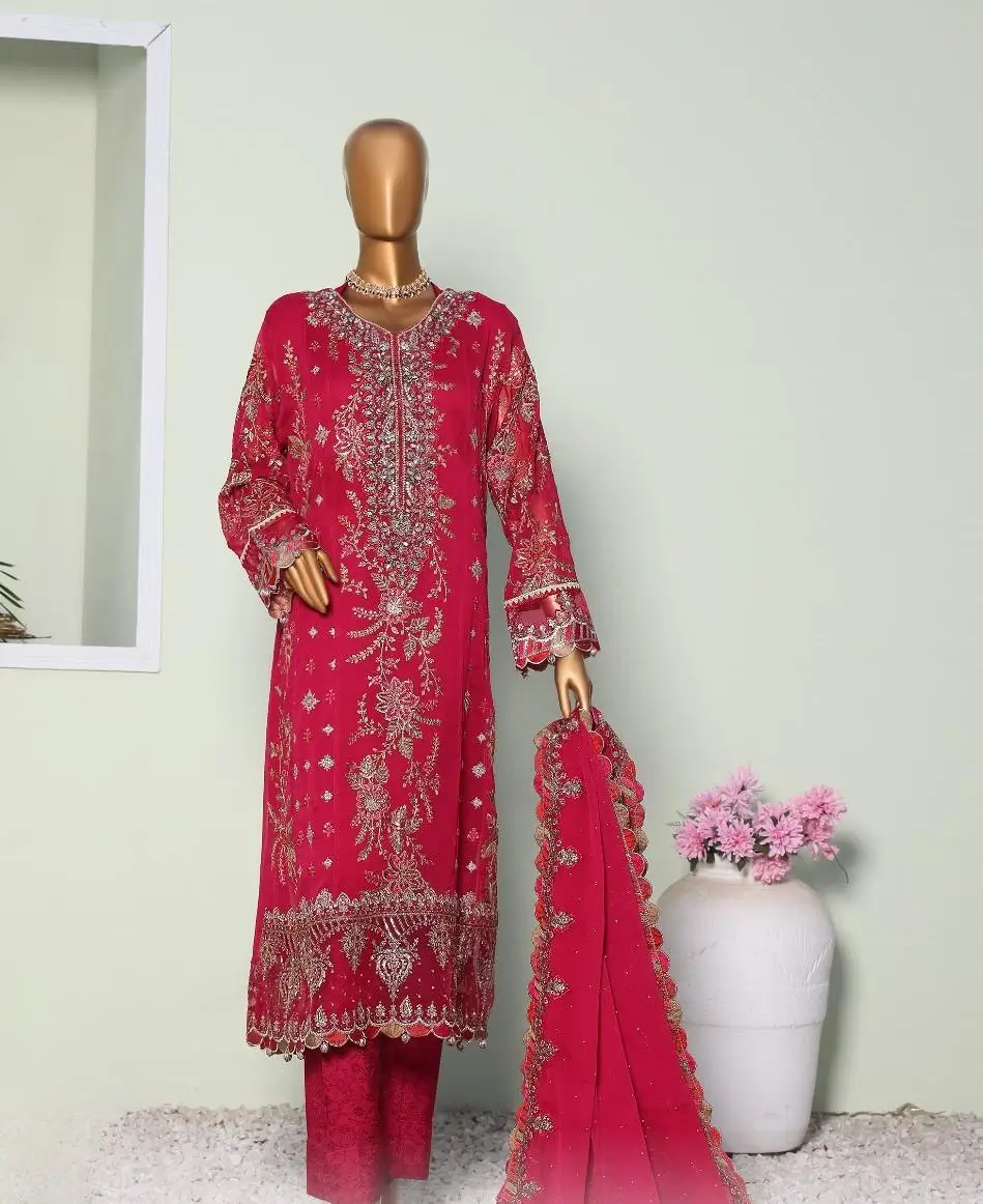 Pakistani Lavish Heavy Embroidered Unstitched Chiffon Three Piece - Shiraz 1