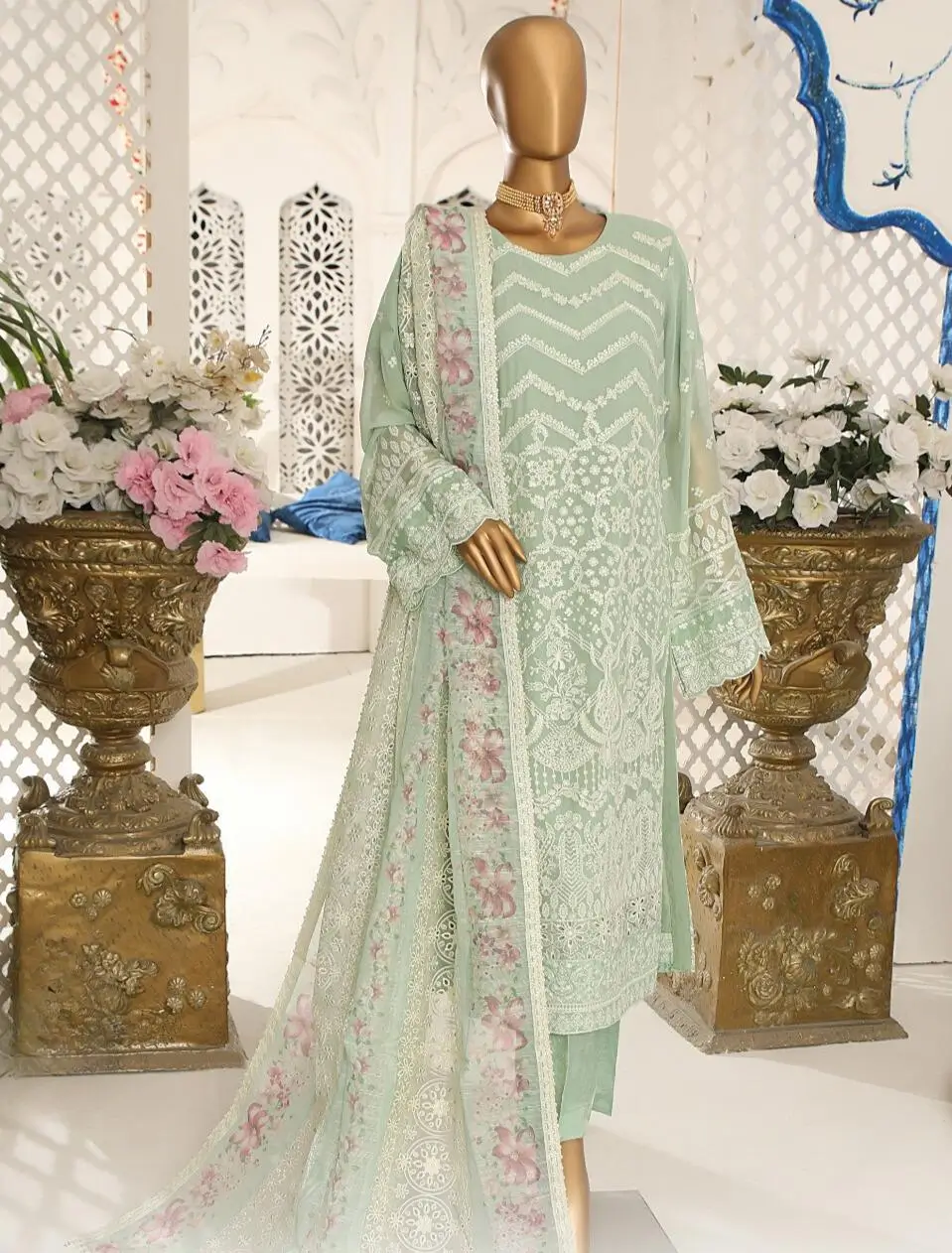 Pakistani Lavish Heavy Embroidered Unstitched Organza Three Piece - Lichen 1