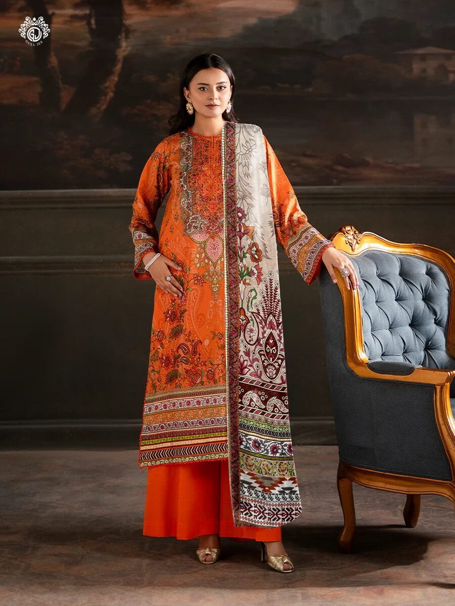 Pakistani Sorrel by Gulljee Unstitched Three Piece -Tangerine Orange 1