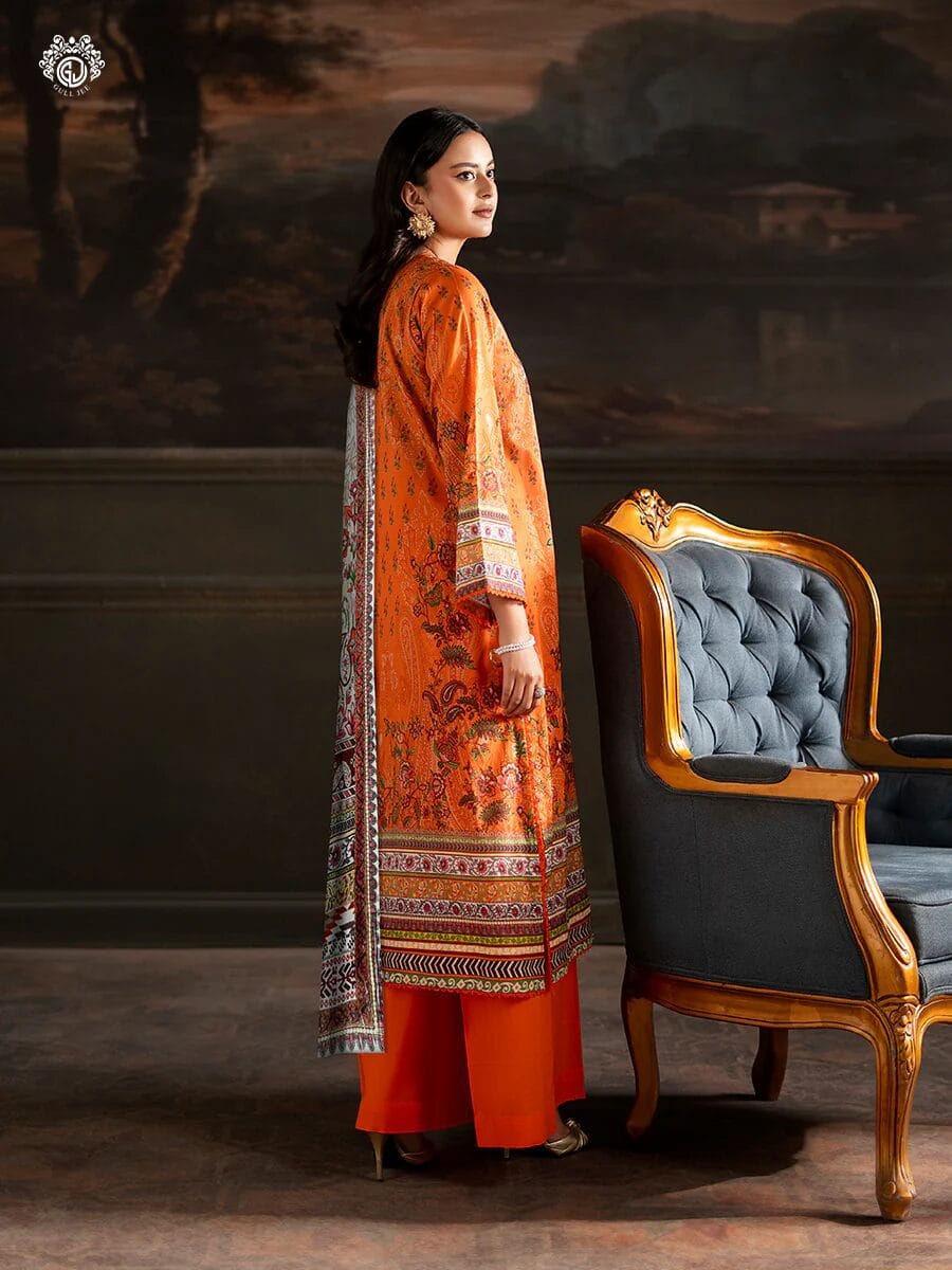 Pakistani Sorrel by Gulljee Unstitched Three Piece -Tangerine Orange 3