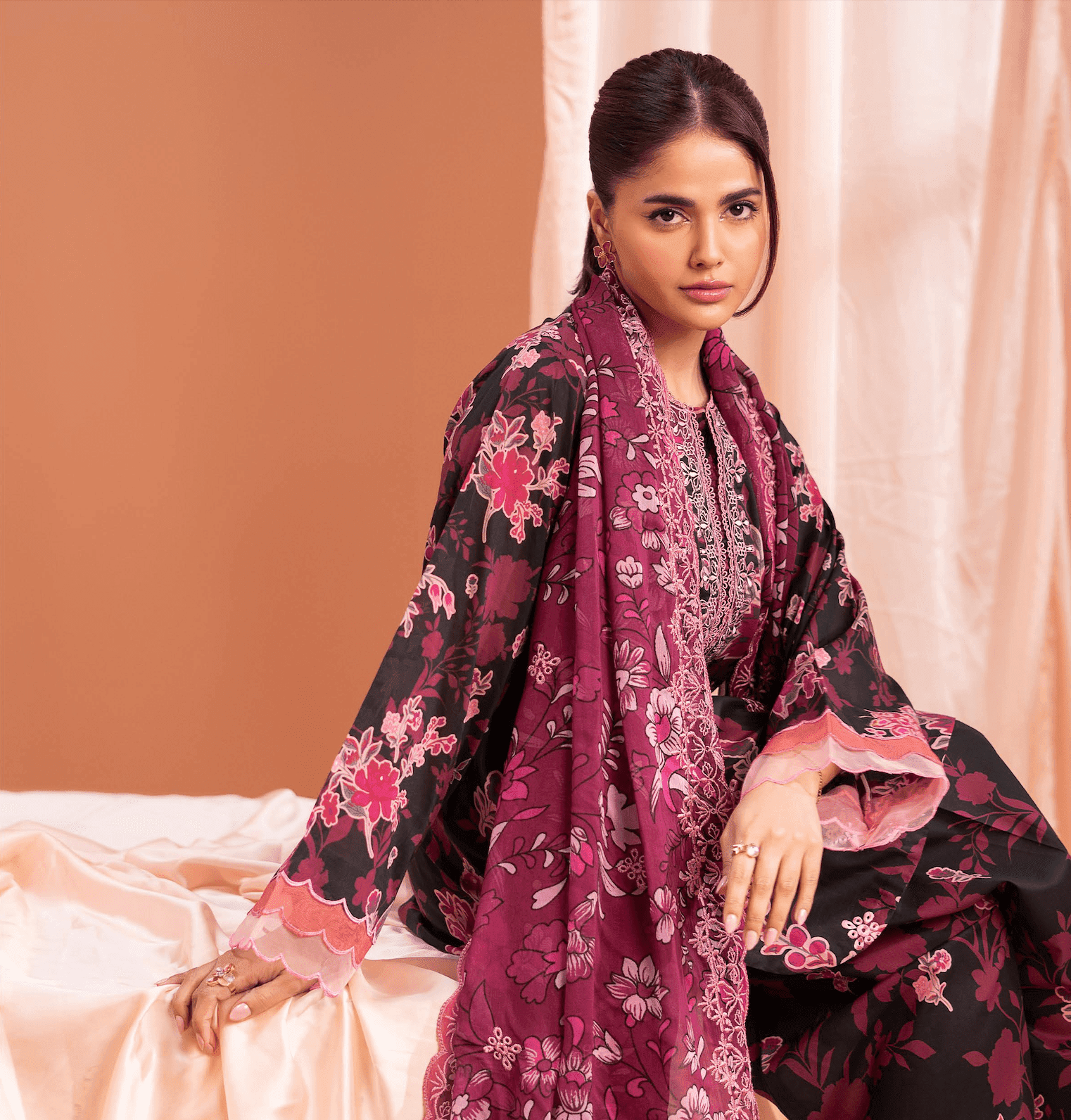 Pakistani Mishaal V3 by Gulljee Embroidered Unstitched Three Piece- Wine x Rose Pink 2