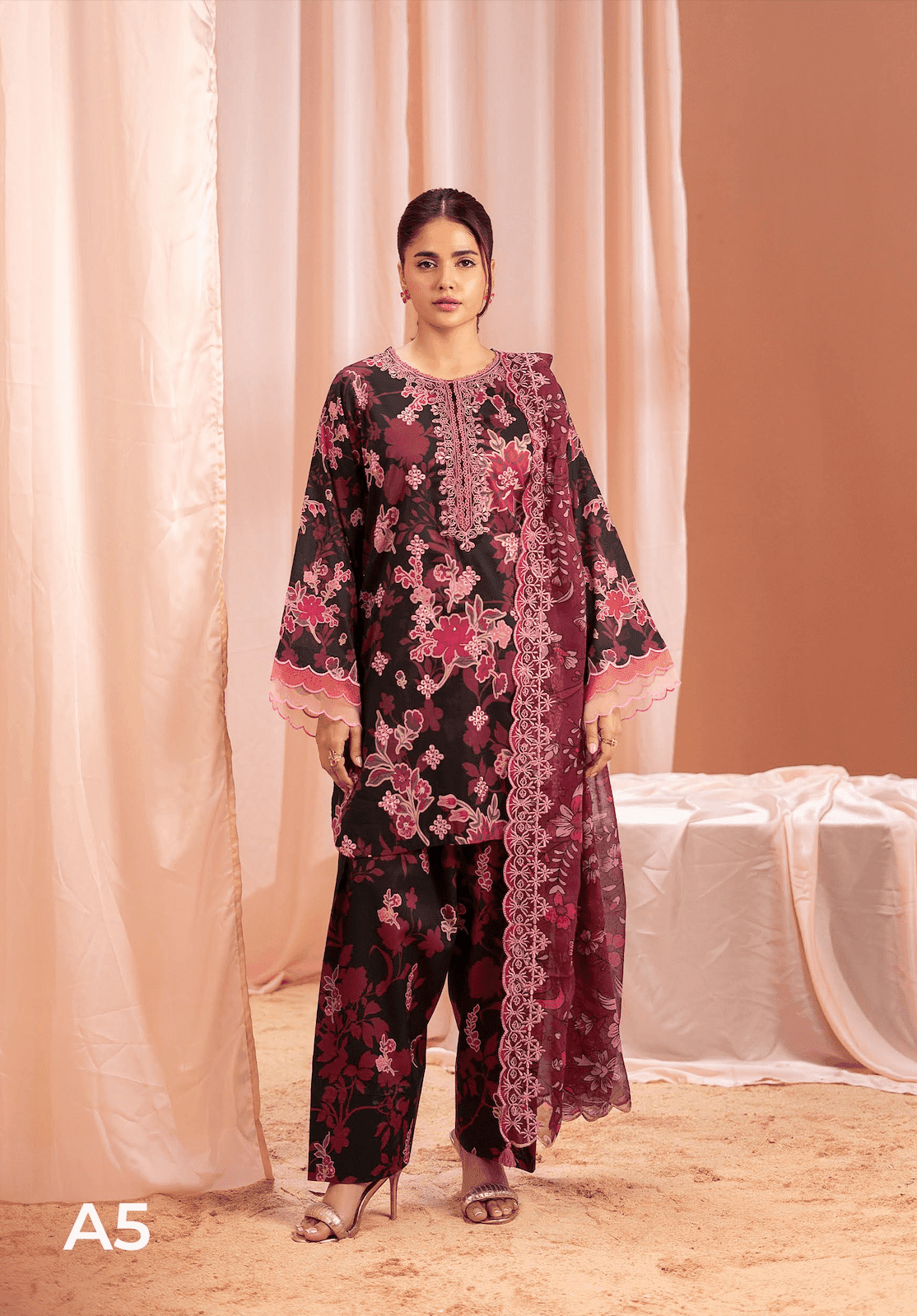 Pakistani Mishaal V3 by Gulljee Embroidered Unstitched Three Piece- Wine x Rose Pink 3