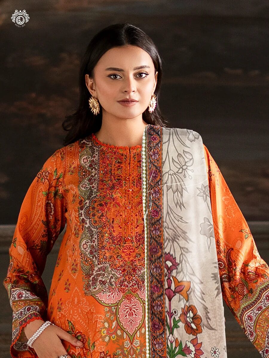 Pakistani Sorrel by Gulljee Unstitched Three Piece -Tangerine Orange 2
