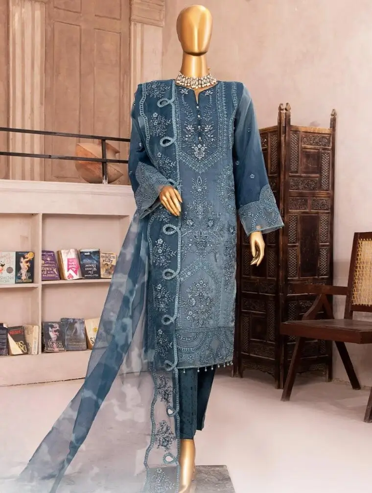 Pakistani Lavish Heavy Embroidered Unstitched Organza Three Piece - Nile Blue 1