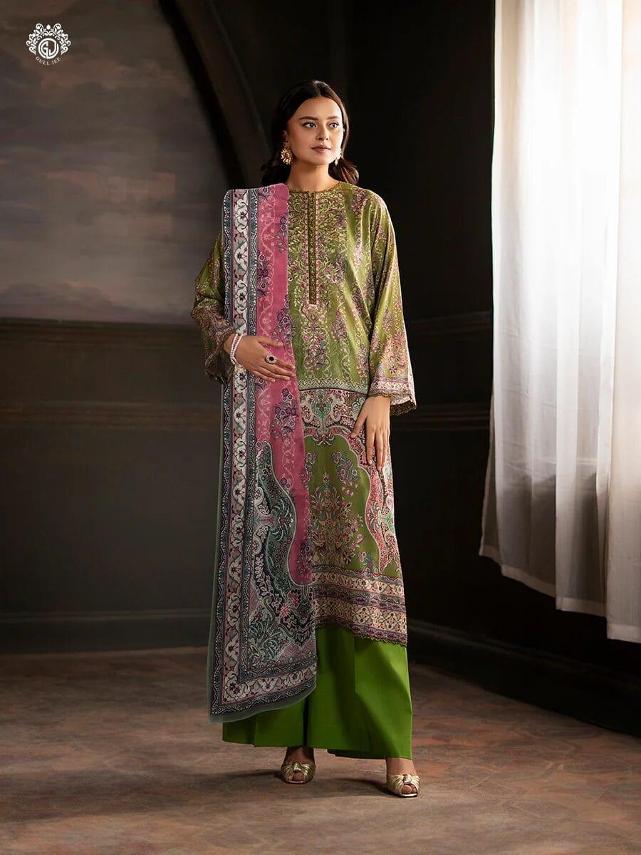Pakistani Sorrel by Gulljee Unstitched Three Piece -Lime Green x Pink 1