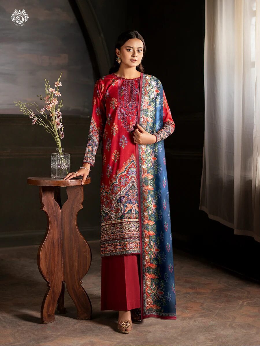 Pakistani Sorrel by Gulljee Unstitched Three Piece -Sunset Red x Indigo Blue 1