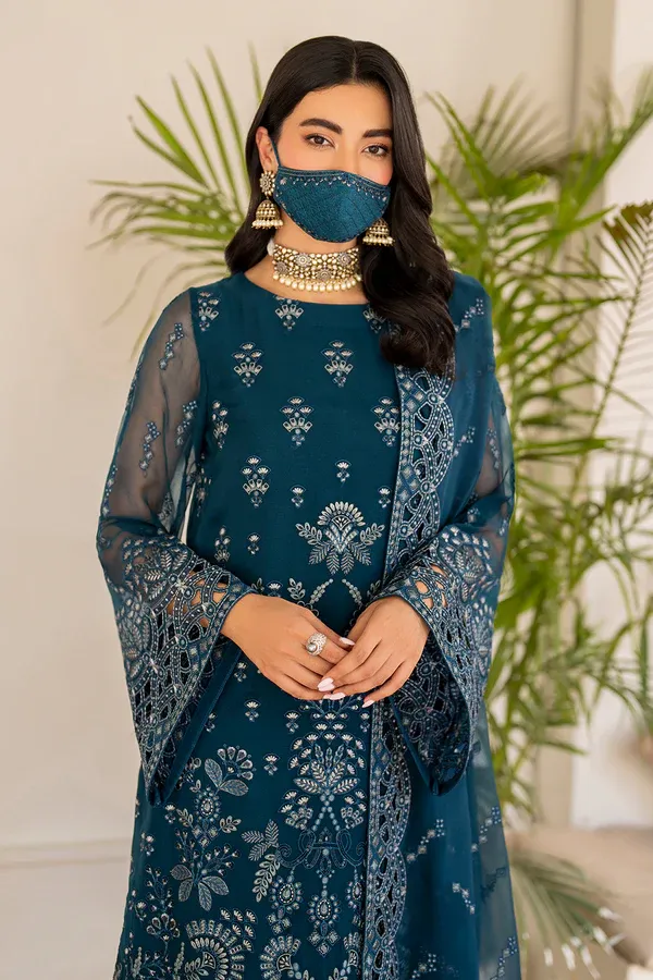 Pakistani Shareef Khanani Unstitched Luxury Chiffon Three Piece - Prussian Blue 3