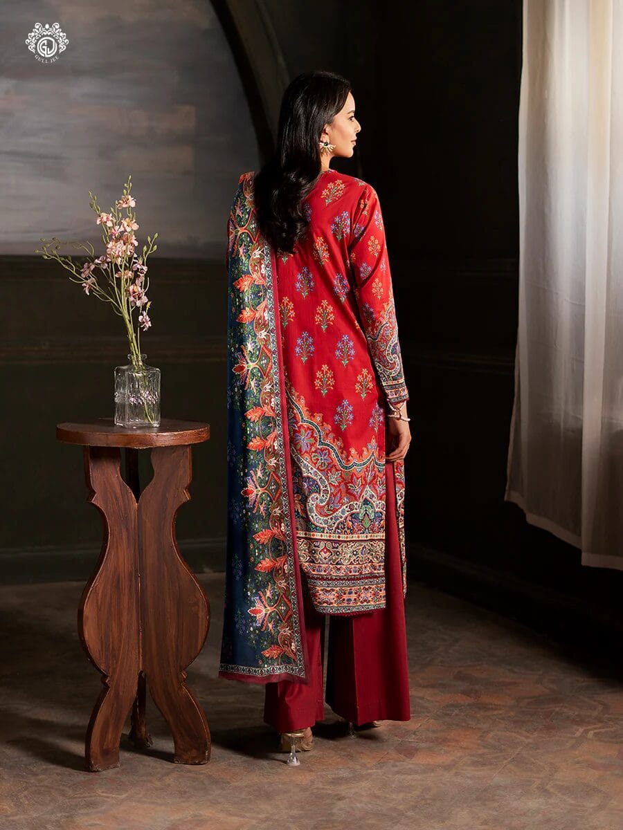 Pakistani Sorrel by Gulljee Unstitched Three Piece -Sunset Red x Indigo Blue 2