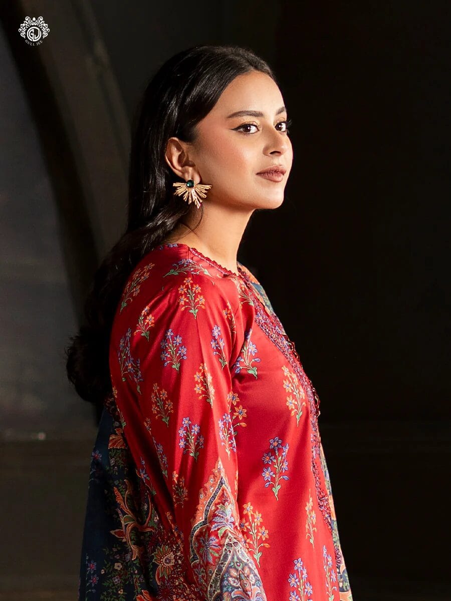 Pakistani Sorrel by Gulljee Unstitched Three Piece -Sunset Red x Indigo Blue 3