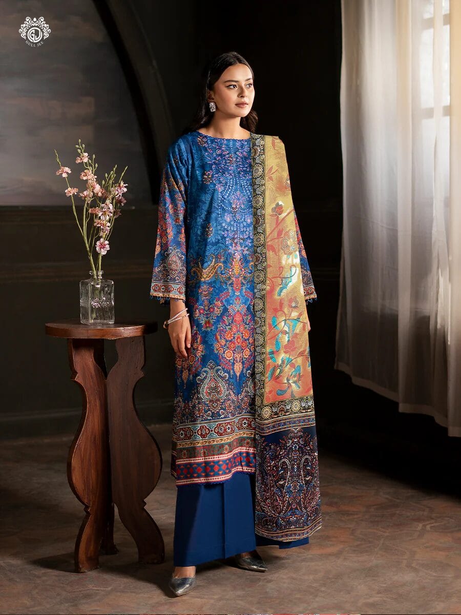 Pakistani Sorrel by Gulljee Unstitched Three Piece -Sepia Blue
