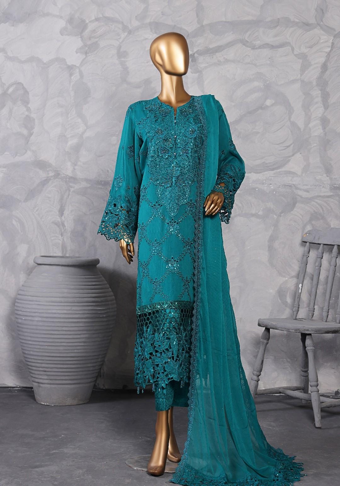 Pakistani Lavish Heavy Embroidered Unstitched Organza Three Piece - Teal 1