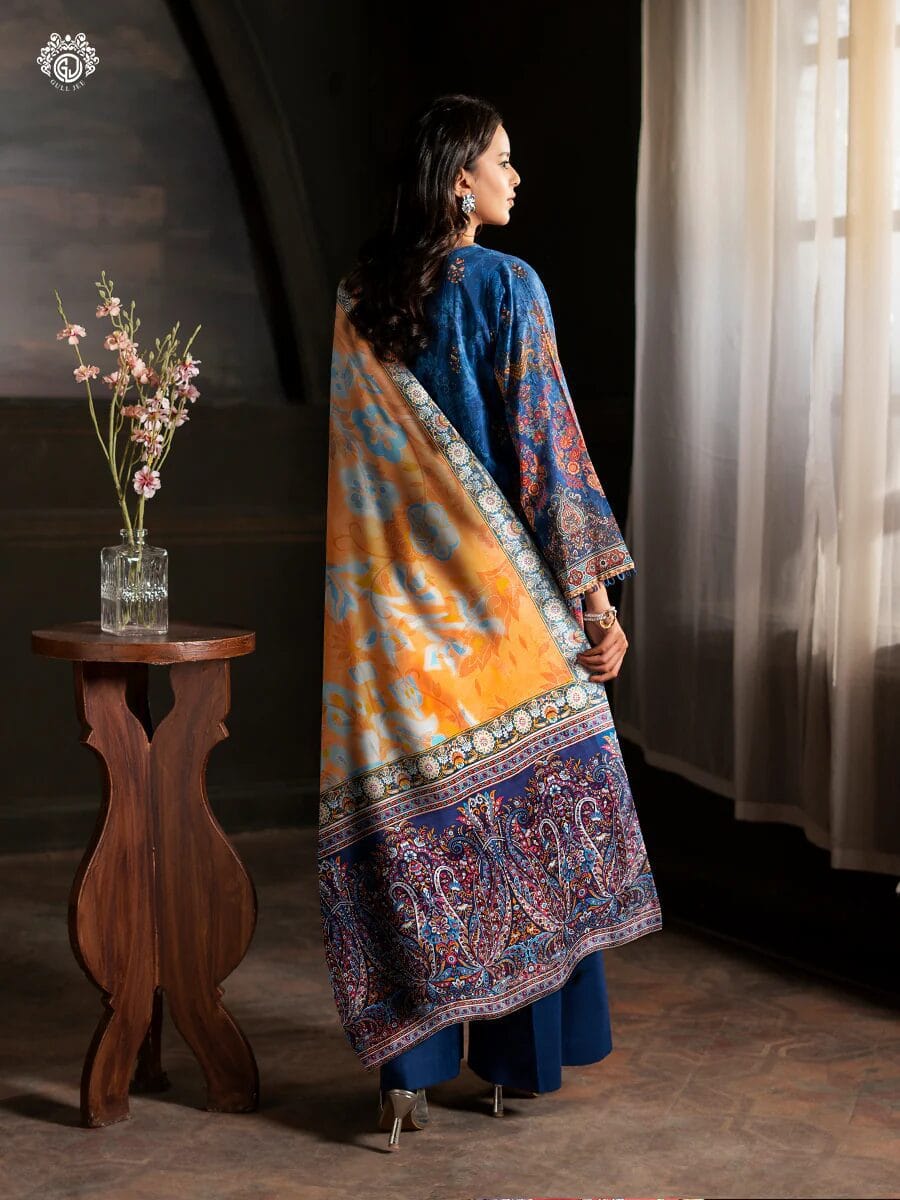 Pakistani Sorrel by Gulljee Unstitched Three Piece -Sepia Blue 2