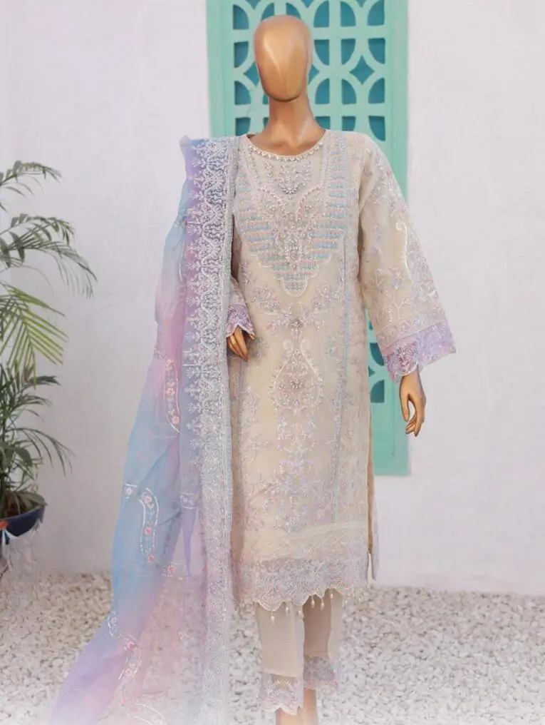 Pakistani Lavish Heavy Embroidered Unstitched Organza Three Piece - Vanilla 1