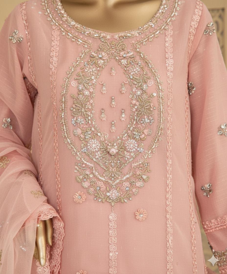 Pakistani Ankahi Karchupi Worked Unstitched Three Piece - Pink 2