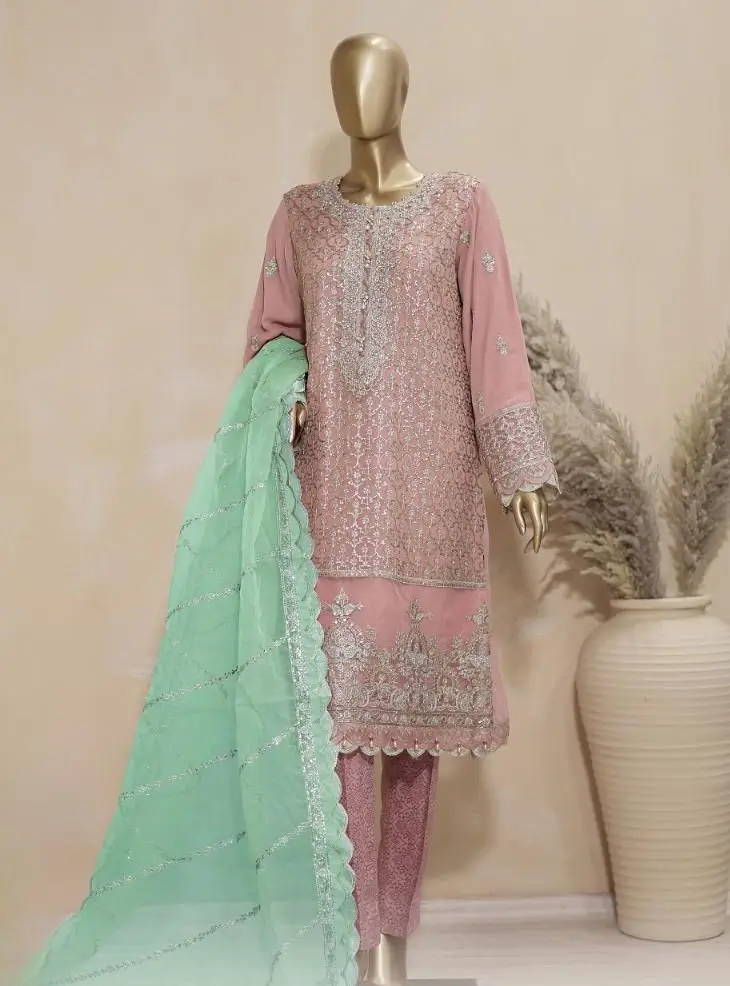 Pakistani Lavish Heavy Embroidered Unstitched Chiffon Three Piece - Oriental Pink 1