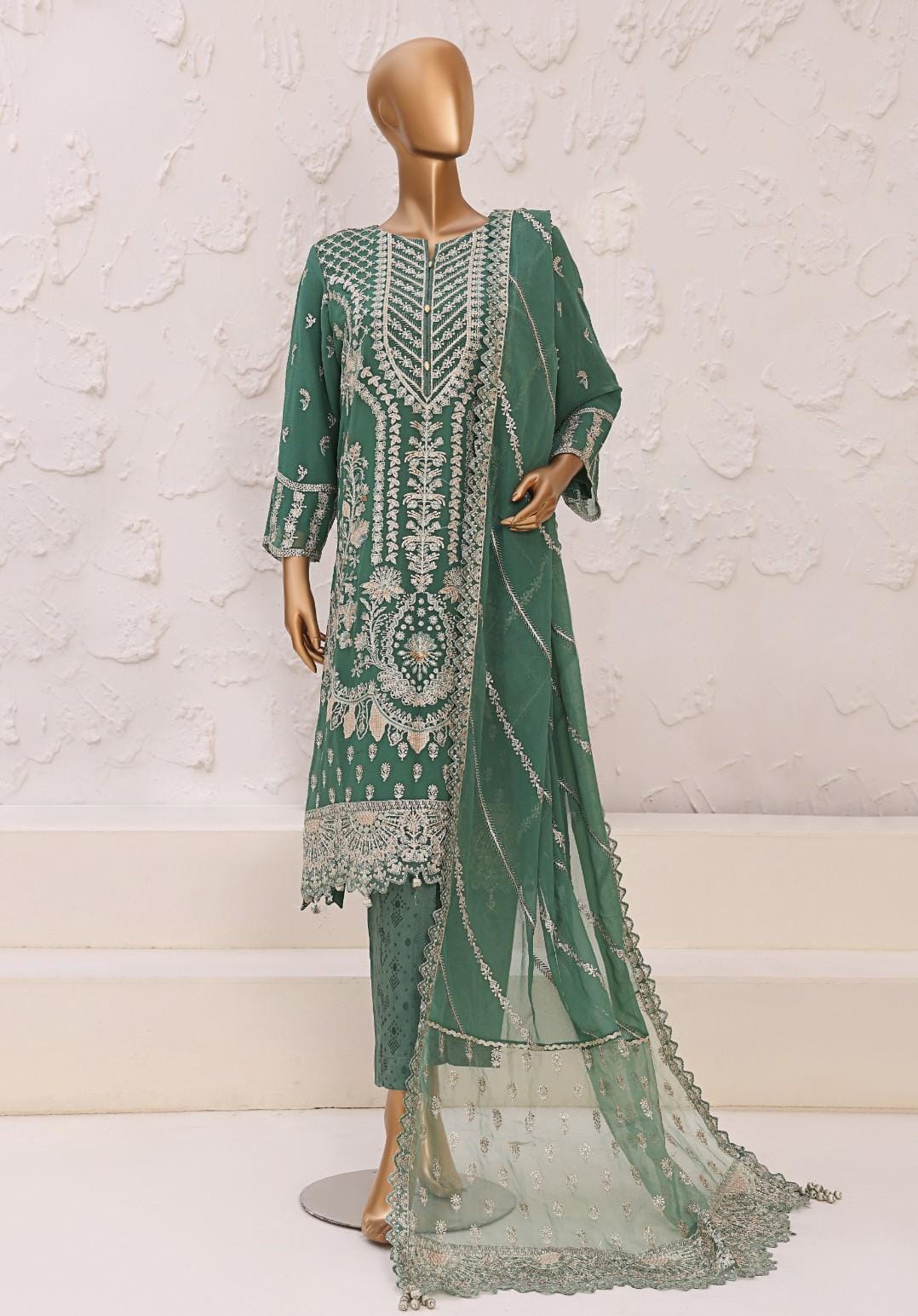 Pakistani Lavish Heavy Embroidered Unstitched Organza Three Piece - Mineral Green 1