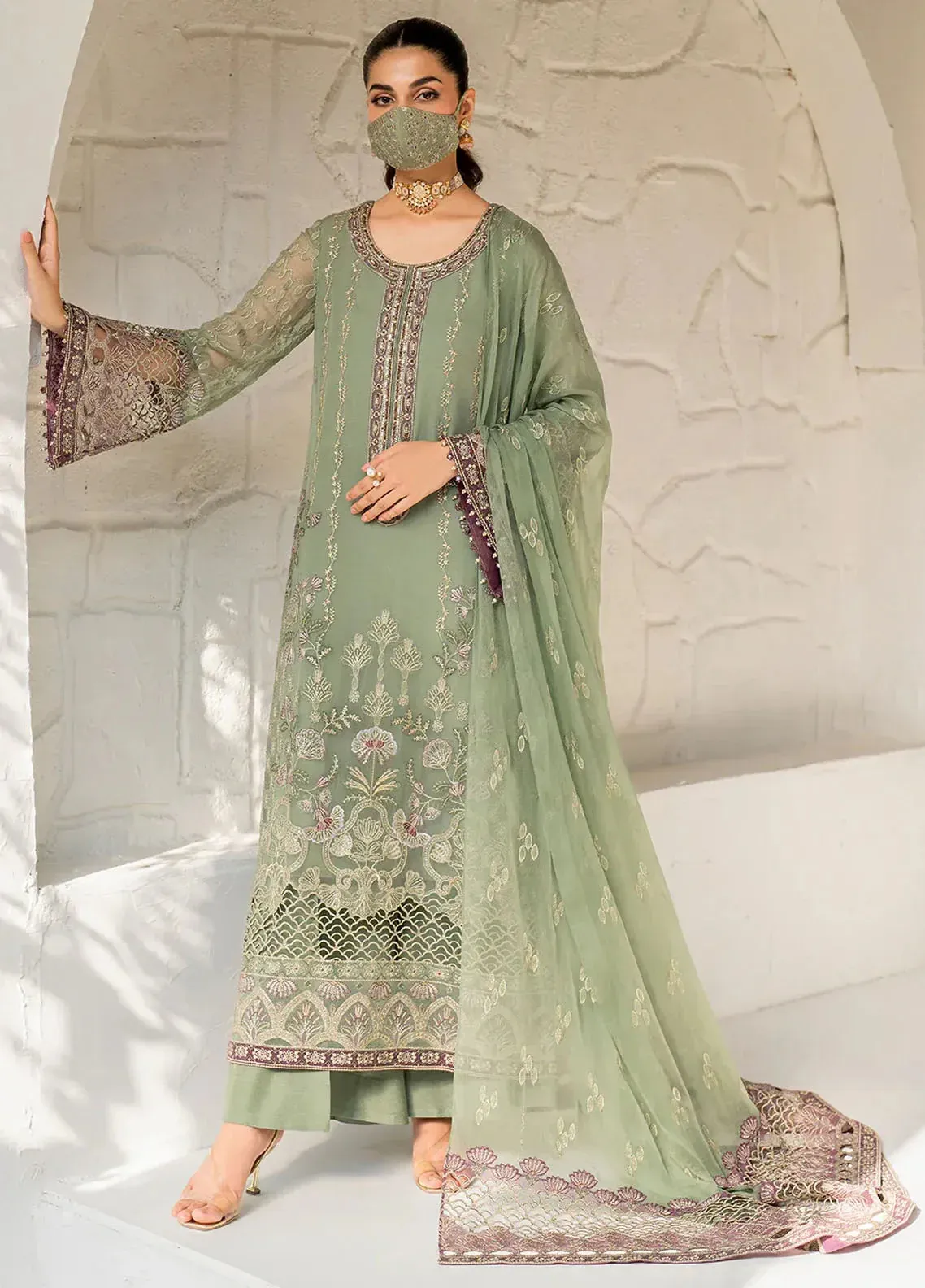 Pakistani Naqash by Safeera Unstitched Luxury Chiffon Three Piece - Lemon Grass 1