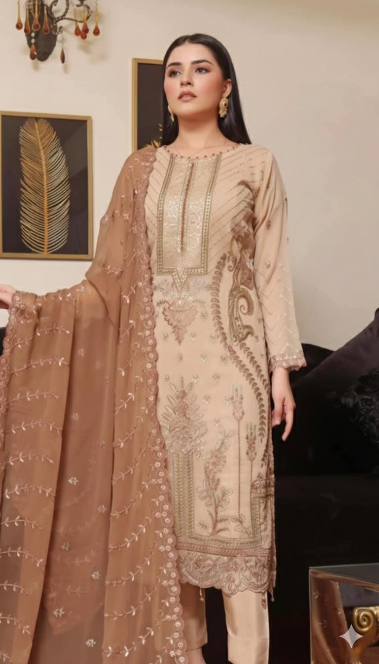 Pakistani Bin Hameed Embroidered Unstitched Chiffon Three Piece - Sorrell Brown 1