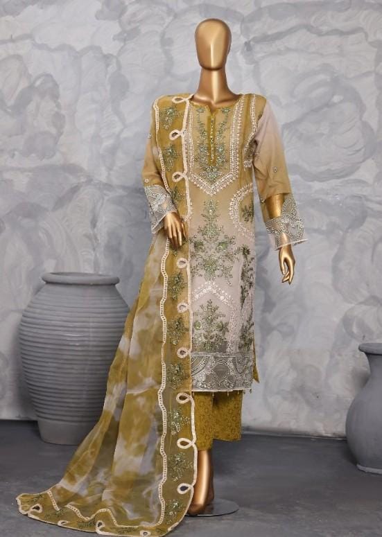 Pakistani Lavish Heavy Embroidered Unstitched Organza Three Piece - Limed Oak 1