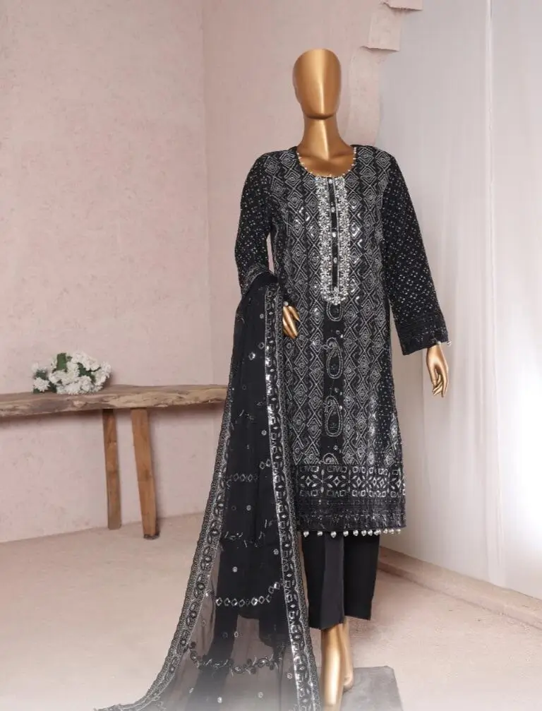 Pakistani Lavish Heavy Embroidered Unstitched Organza Three Piece - Black 1