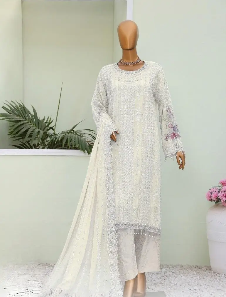 Pakistani Lavish Heavy Embroidered Unstitched Organza Three Piece - White 1
