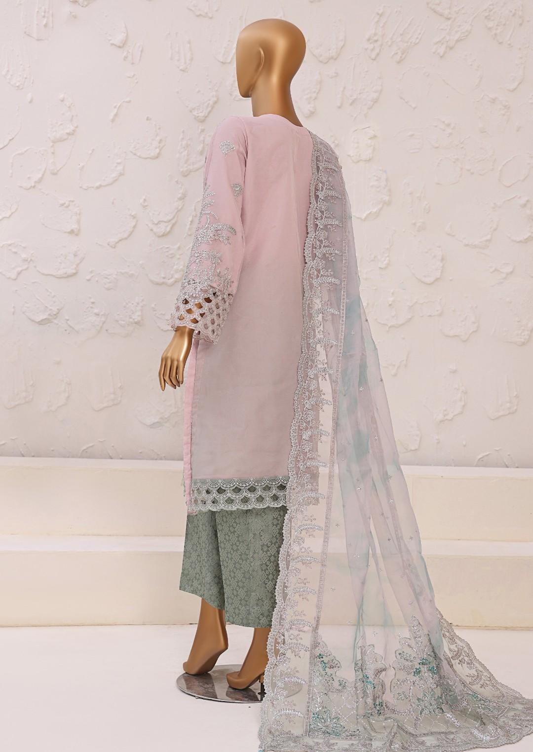 Pakistani Lavish Heavy Embroidered Unstitched Organza Three Piece - Pink Swan 2