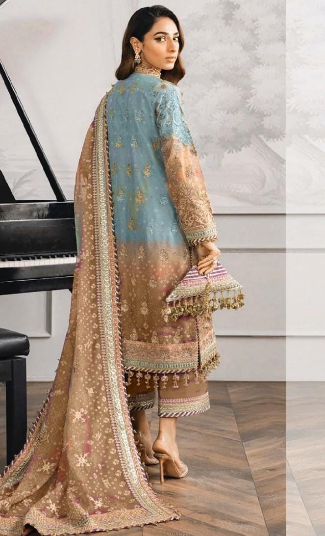 Pakistani Maaria Unstitched Luxury Chiffon Three Piece - Blue X Cocoa 2
