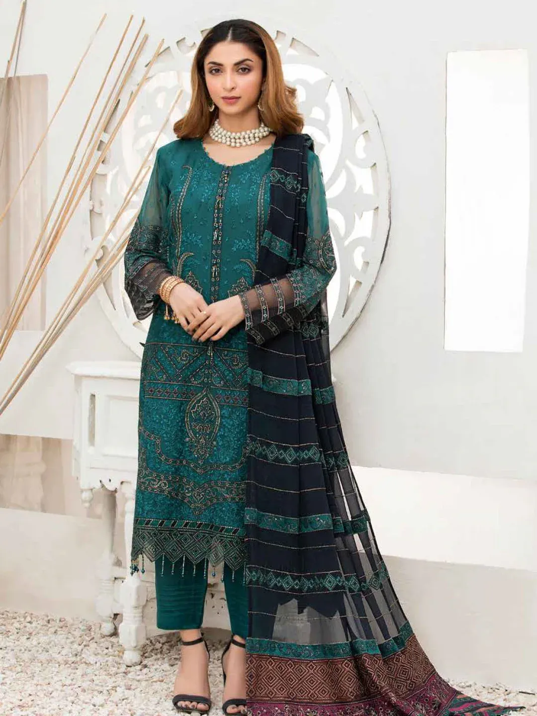 Pakistani Fepic Unstitched Luxury Chiffon Three Piece - Dark Aqua 1