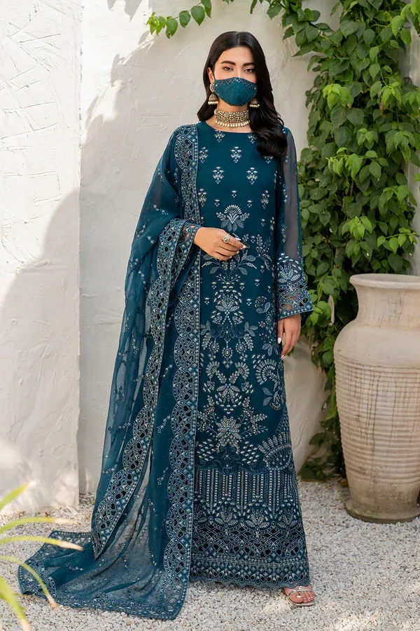 Pakistani Shareef Khanani Unstitched Luxury Chiffon Three Piece - Prussian Blue 1