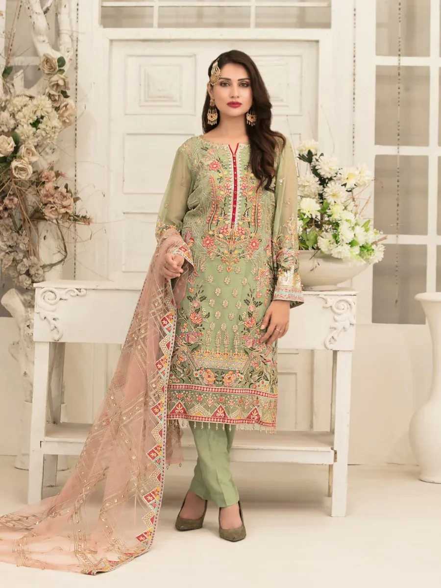 Pakistani Tasavvur Unstitched Luxury Chiffon Three Piece - Green Smoke 1