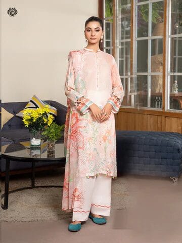 Pakistani Jad by Gulljee Unstitched Three Piece Lawn - Light Orange 3