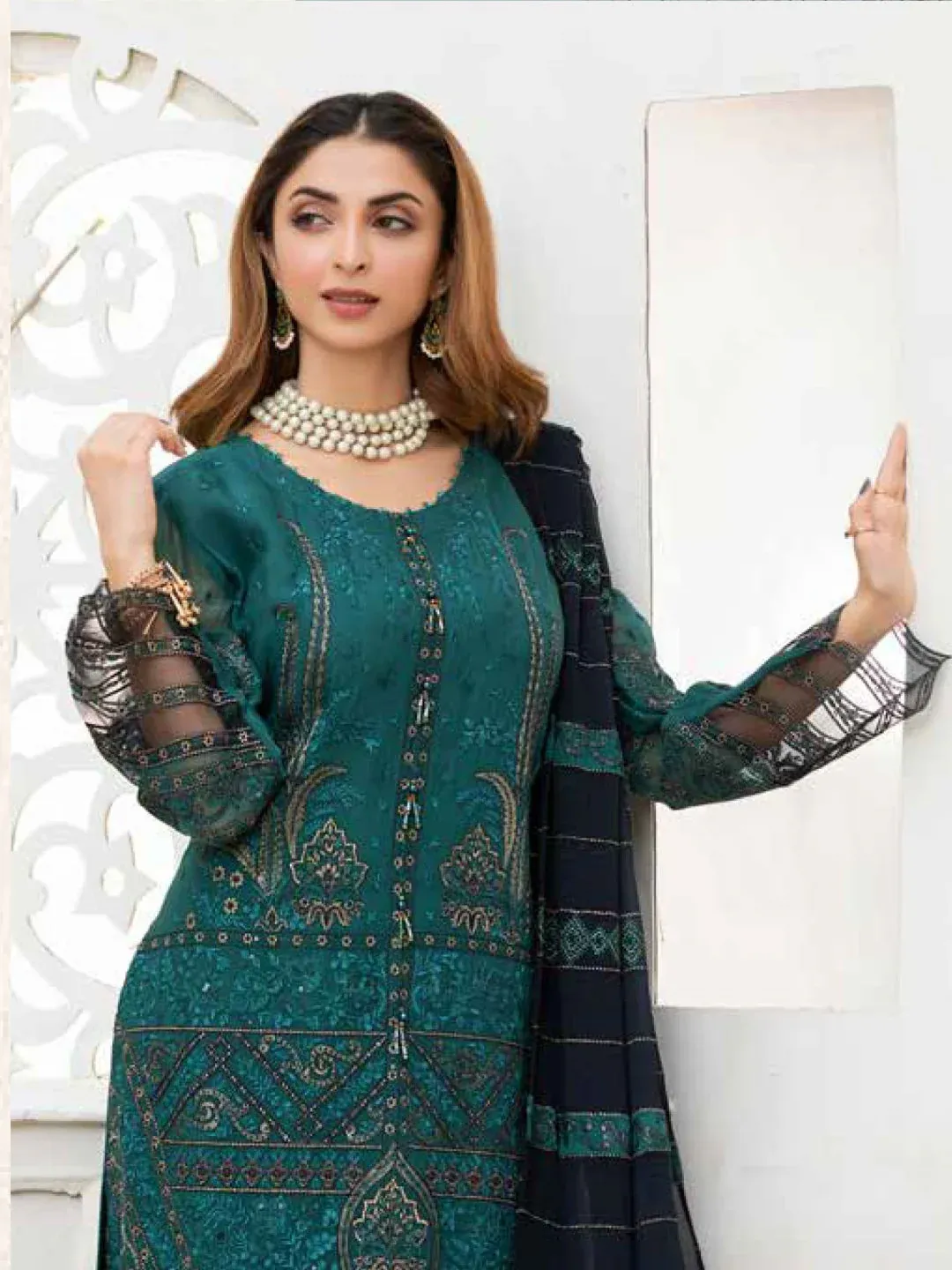 Pakistani Fepic Unstitched Luxury Chiffon Three Piece - Dark Aqua 2