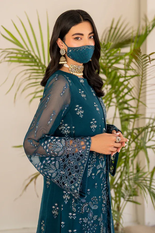 Pakistani Shareef Khanani Unstitched Luxury Chiffon Three Piece - Prussian Blue 4