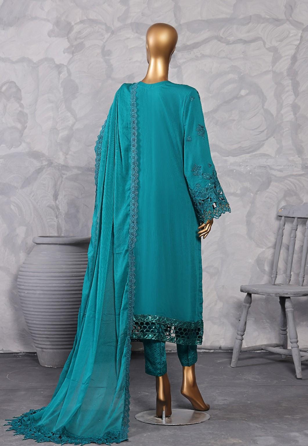 Pakistani Lavish Heavy Embroidered Unstitched Organza Three Piece - Teal 2