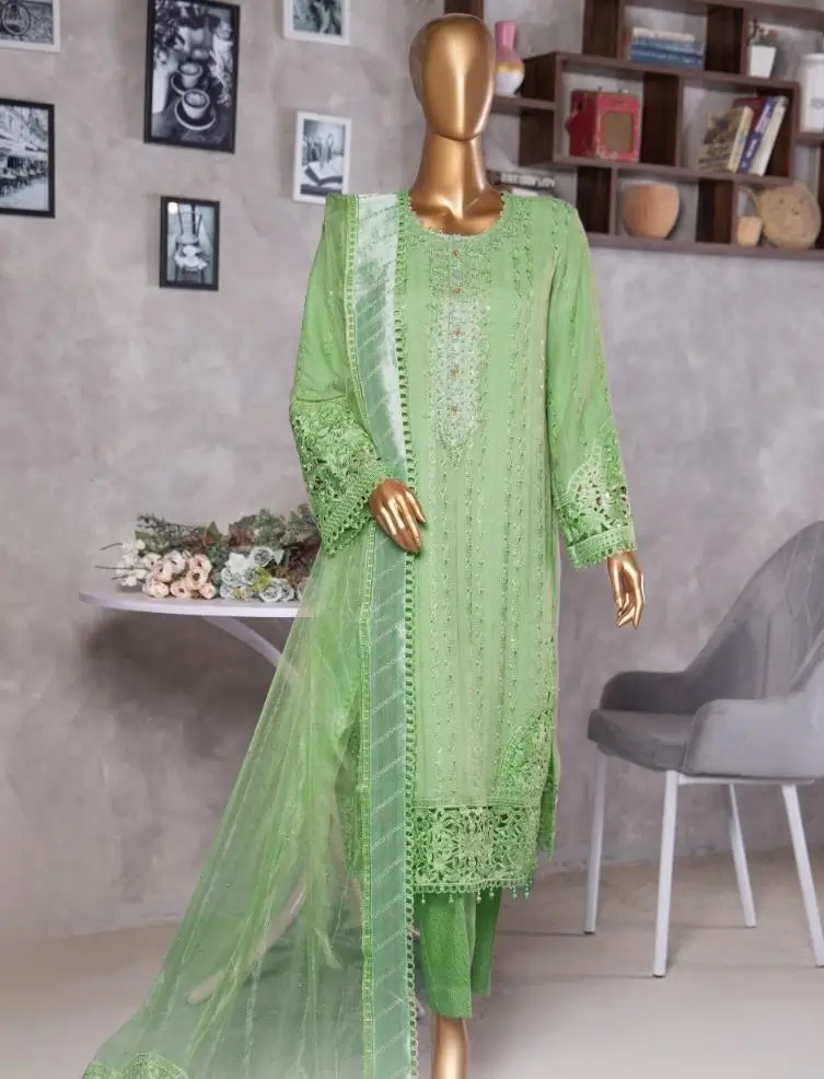 Pakistani Lavish Heavy Embroidered Unstitched Chiffon Three Piece - Tan Green 1