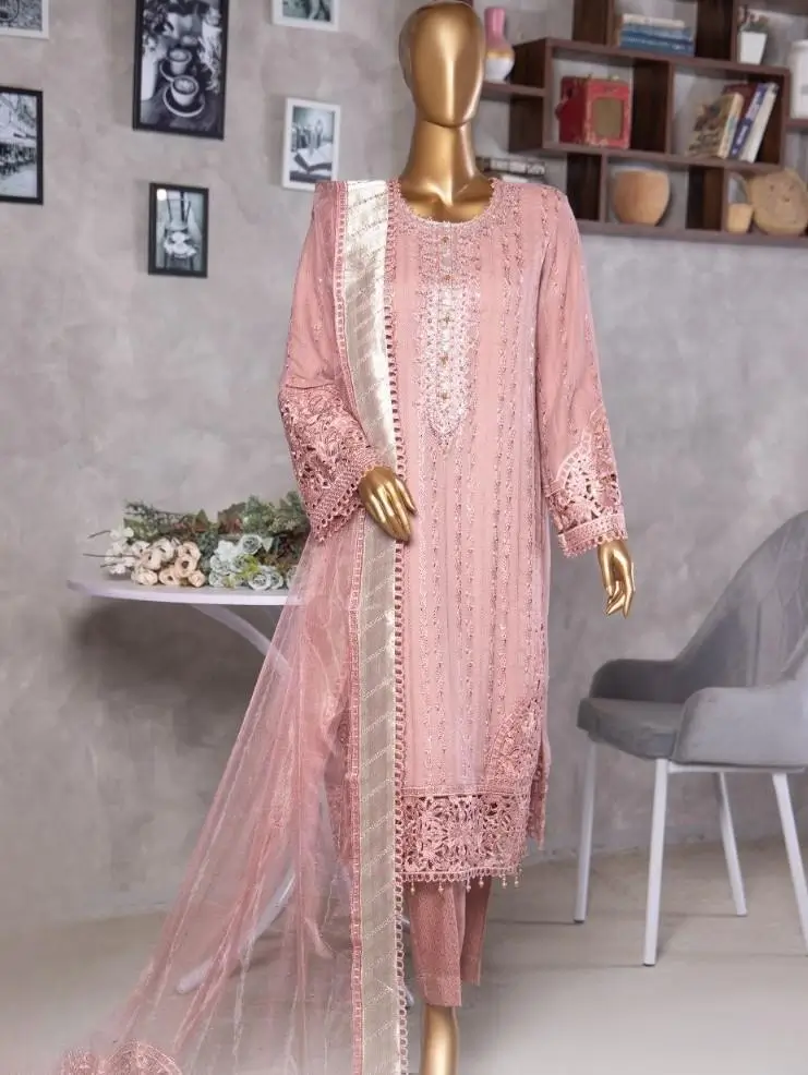 Pakistani Lavish Heavy Embroidered Unstitched Chiffon Three Piece - Blossom 1