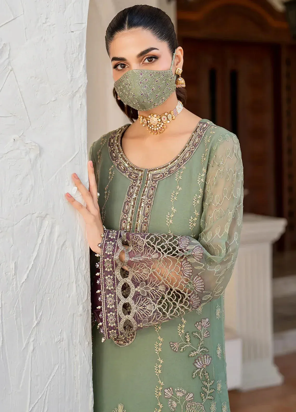 Pakistani Naqash by Safeera Unstitched Luxury Chiffon Three Piece - Lemon Grass 3