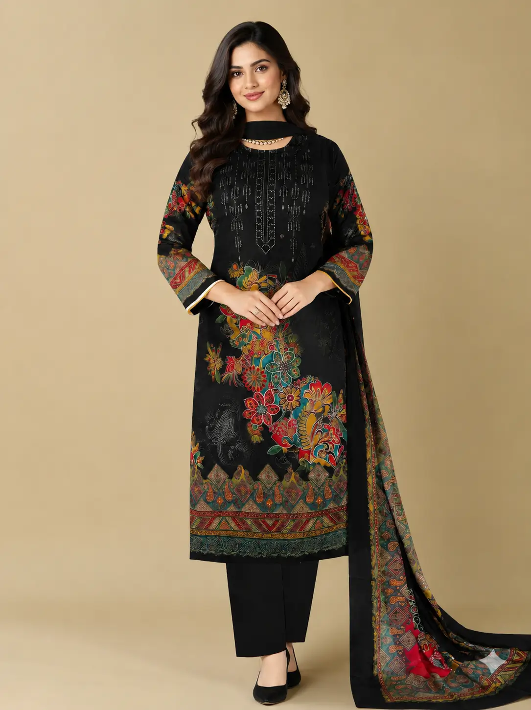 Midnight Floral Elegance – Premium Black Pakistani Lawn Suit 1