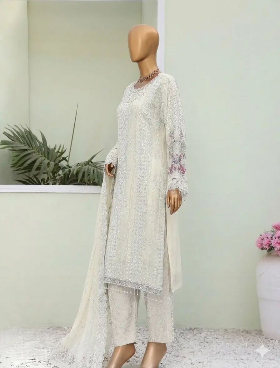 Pakistani Lavish Heavy Embroidered Unstitched Organza Three Piece - White 2