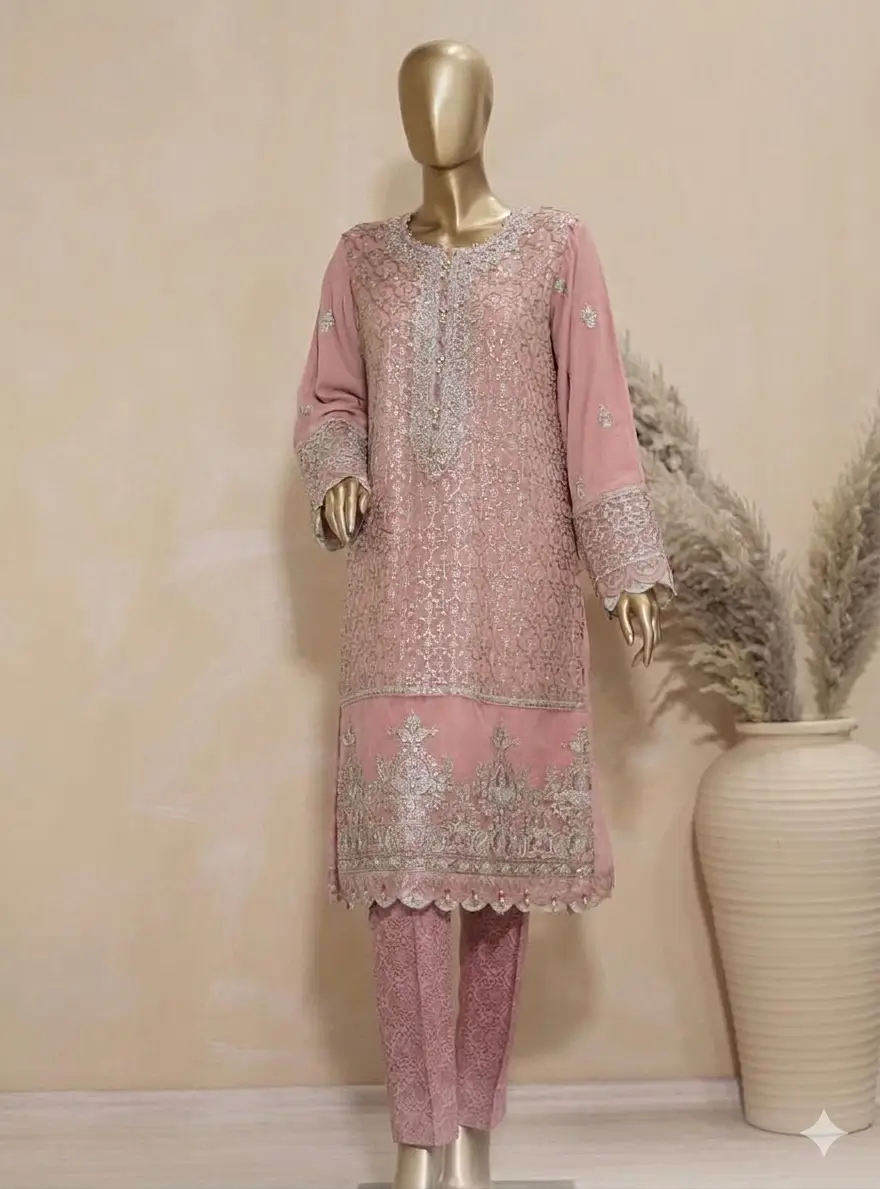 Pakistani Lavish Heavy Embroidered Unstitched Chiffon Three Piece - Oriental Pink 3