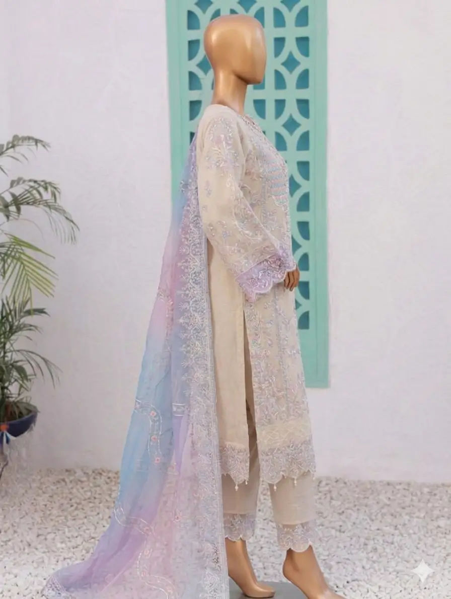 Pakistani Lavish Heavy Embroidered Unstitched Organza Three Piece - Vanilla 2