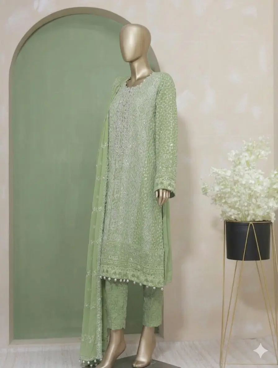 Pakistani Lavish Heavy Embroidered Unstitched Organza Three Piece - Sage 2